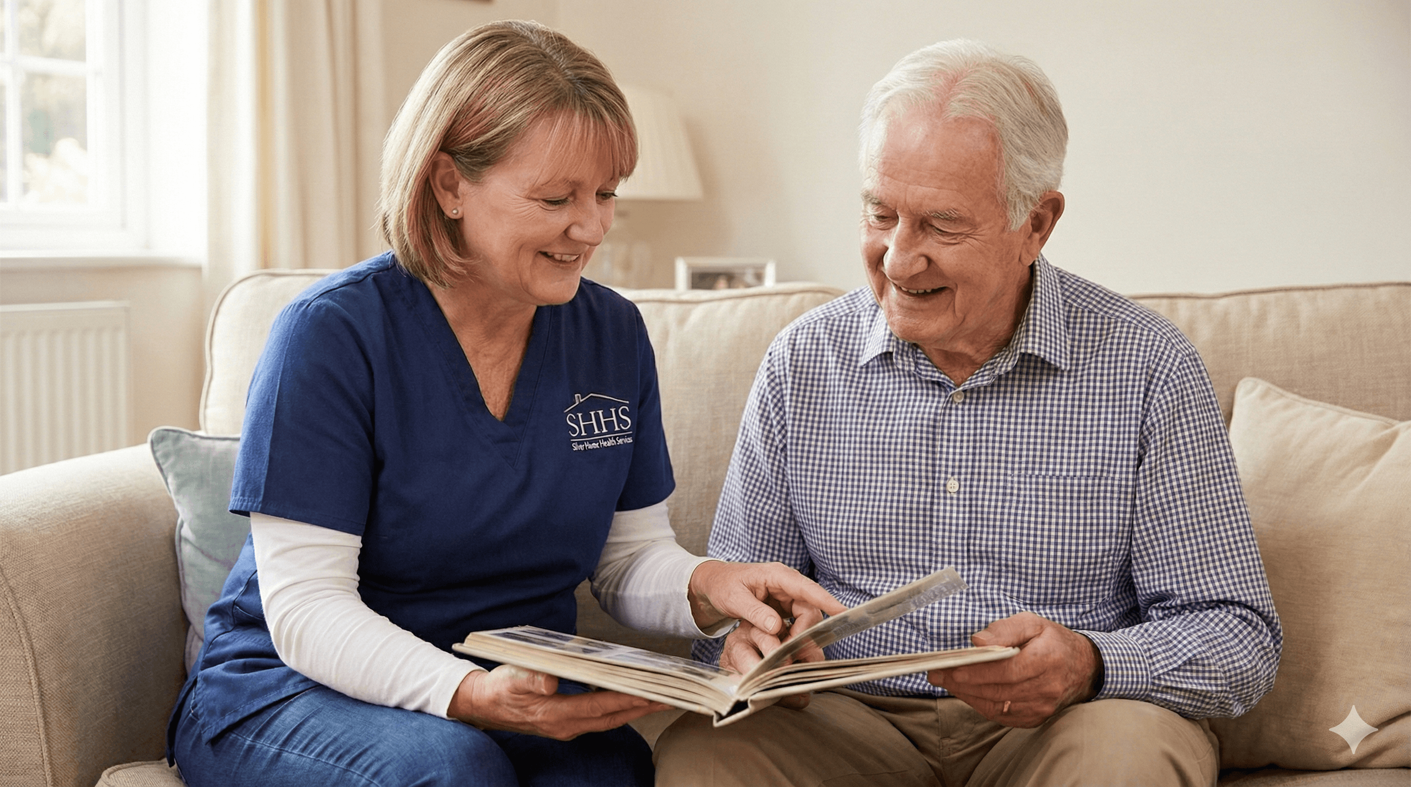 Caregiver providing memory care support to elderly client